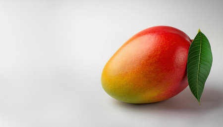 Mango fruit with green leaf on white background. Copy space.の素材