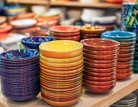 Colorful ceramic bowls and plates in a shop window, close upの素材