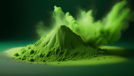 3D illustration of a green powder explosion on a dark background.の素材