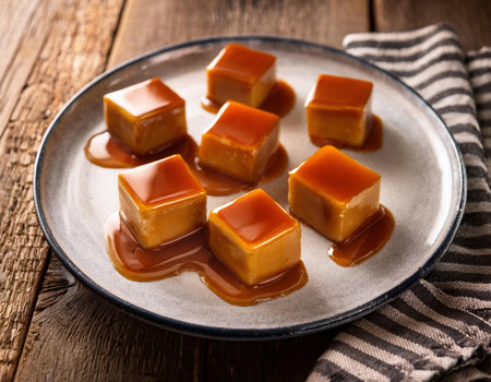 Caramel candies with caramel sauce on a plate close-up. horizontalの素材