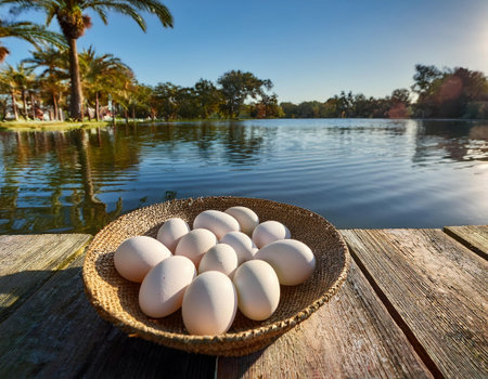 White eggs in a basket on a wooden table near the lake.の素材