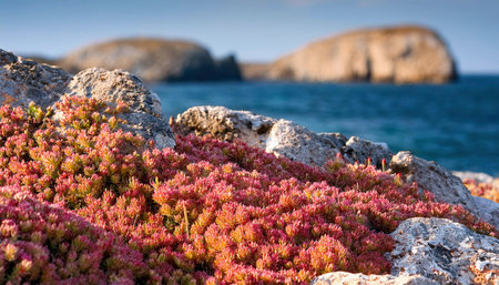 Beautiful seascape with pink flowers on the rocky coast.の素材