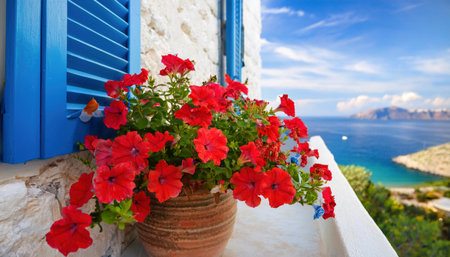 Flowers in a pot on the terrace with blue shutters, Greeceの素材
