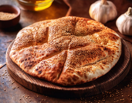Baked khachapuri with sesame seeds on a wooden boardの素材