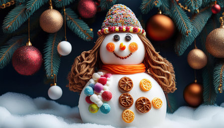 Snowman with christmas decorations on blue background. Merry Christmas and Happy New Year.の素材