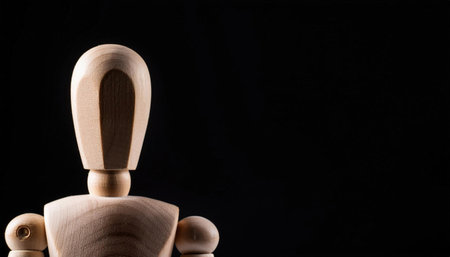 Wooden mannequin isolated on black background with copy space.の素材