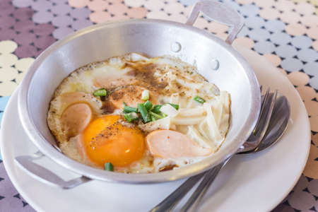 Pan of fried eggsの写真素材