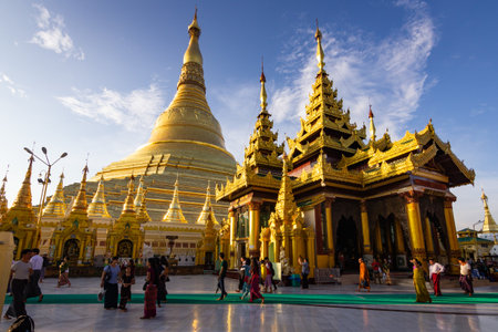 YANGON, MYANMAR - MAY 17, 2018 : Shwedagon Pagoda before sunset ,Yangon, Myanmar.
