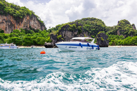 Speed boat in the ocean, Krabi province, Thailand.のeditorial素材