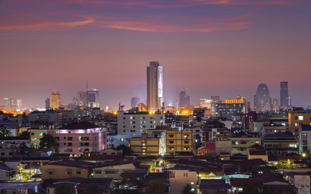 BANGKOK, THAILAND - April 22, 2019 : Bangkok cityscape with beautiful sunset.