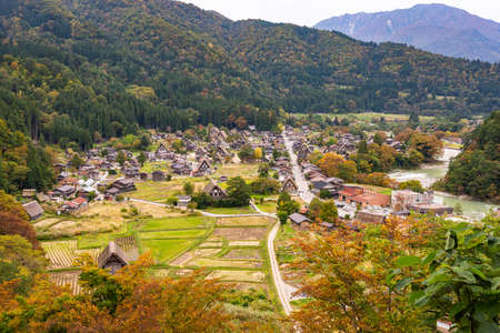 JAPAN - October 21, 2019 : Beautiful aerial view of the world heritage site, Shirakawa-go in autumn seasonのeditorial素材