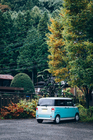 NAGANO, JAPAN - October 19, 2019 : Lovely car  in an outdoor parking area. Vintage tone.のeditorial素材