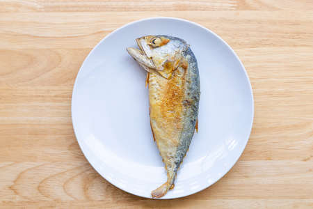 Fried mackerel fish on the white plate.の写真素材