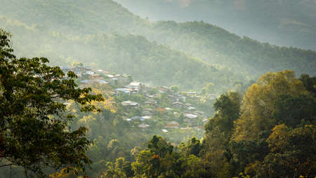 Beautiful morning light over Doi Sakad valley in Pua, Nan Province, Thailand.の写真素材