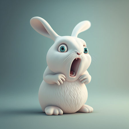 Funny white rabbit with open mouth on gray background. Generative AIの写真素材