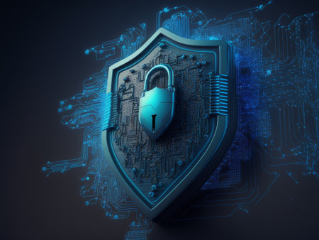 Cyber security concept. Shield with padlock on circuit board background. Generative AIの写真素材