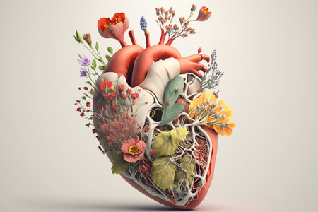 Human heart with flowers and leaves. Generative AIの素材