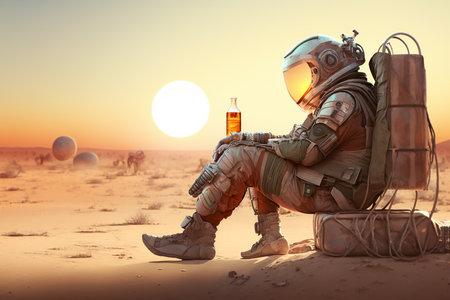 Astronaut sitting in the desert at sunset. Generative AIの素材