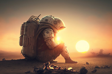 Astronaut sitting on the sand and looking at the sunset. Generative AIの素材