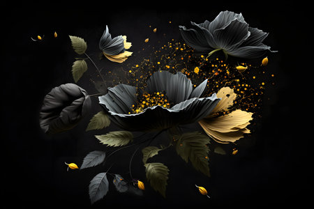 Illustration of black and gold floral composition on black background. Generative AIの素材