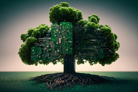 Green tree with circuit board on a green background. Generative AIの素材