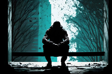 Silhouette of a man sitting on a bench in the rain, Generative AIの素材