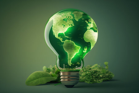 Glowing light bulb with planet earth inside and green leaves on dark background, Generative AIの素材