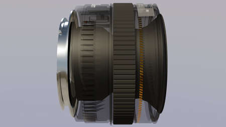 Transparent DSLR camera lens. 50mm F1.4. Cross-section and lens parts. Realistic 3D renderの写真素材