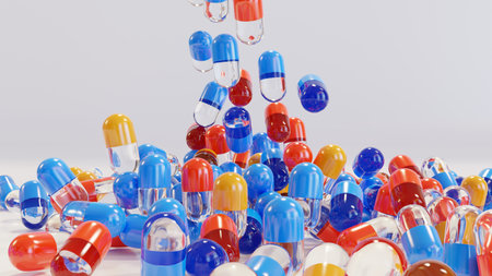 3d Illustration of realistic 3d different color medical pills, Colorful capsules, painkillers,...