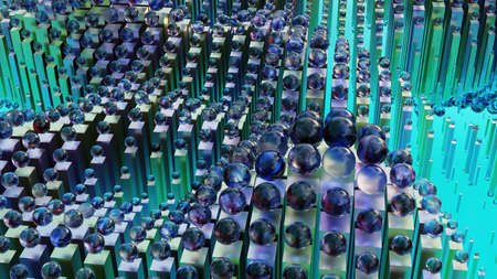 3d steel cubes, Abstract flying, fluorescent light, glowing neon cubes, Cubic Network Nodes and...
