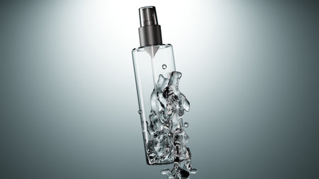 Instant antiseptic hand sanitizer mist spray, antibacterial alcohol liquid. One transparent plastic bottle with atomizer pump isolated on white background, studio shot, water splasの写真素材