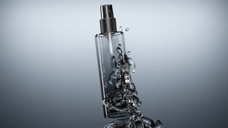 Instant antiseptic hand sanitizer mist spray, antibacterial alcohol liquid. One transparent plastic bottle with atomizer pump isolated on white background, studio shot. 3d renderの写真素材