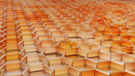 hexagon pattern, Futuristic surface concept with hexagons. Abstract Honeycomb, hexagonal grid, golden beeswax, Wax cells close up, uncapped honey comb, 3d renderの写真素材