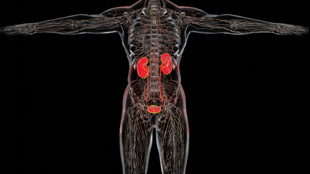 renal system, Kidneys, medically accurate male anatomy organ scan, excretory system, 3d renderの写真素材