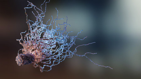 Peritrichous Bacteria with lot of flagellum, bacteria with long tails and thin villi moving in the black environment, viruses floating in the liquid space, microbe infection, microの写真素材
