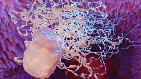 Peritrichous Bacteria with lot of flagellum, bacteria with long tails and thin villi moving in the black environment, viruses floating in the liquid space, microbe infection, microの写真素材
