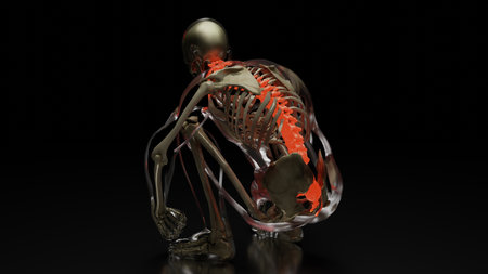 Human Skeleton System Anatomy Concept. Red on the backbone, medically accurate illustration of a...