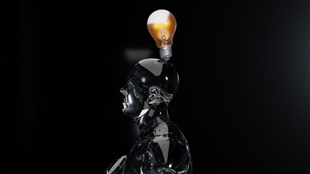 Great idea. answer, human thinking and looking for answer, Confused Character, hand gesture, Solution of the problem. light bulb pops up above head, Generating a new idea, 3d rendeの写真素材