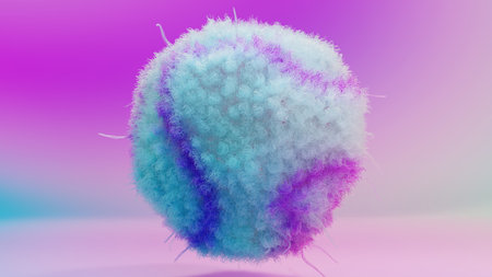 fur pompon, ball of hair, fluffy ball, colorful furry sphere, fur ball isolated, 3d render