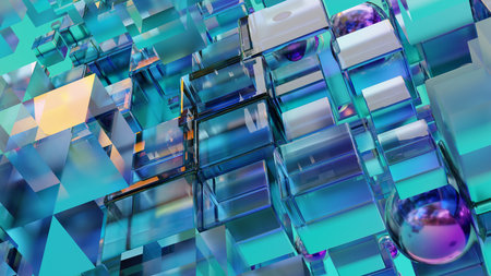 Sci fi technology background, Abstract cubic pattern, 3d solid geometry, geometric cubes and spheres, Banner Glass, Realistic, metallic and glass shapes, science, 3d renderの写真素材