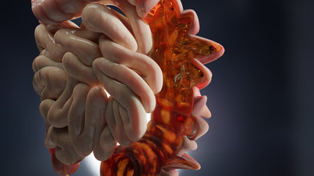 Anatomy of the human digestive system, concept of the intestine, diverticulitis, 3d renderの写真素材