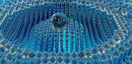 Abstract geometric pattern of 3d render spheres, graphic design, waves of spheres, neon lights,...