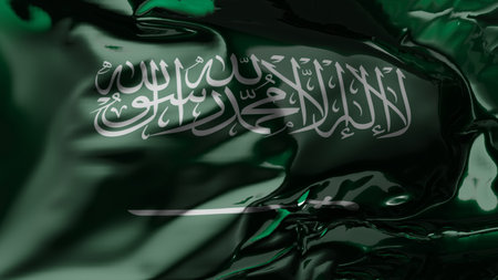 Flag of Saudi Arabia Waving in the wind, ksa  National flag wave, fabric texture, Kingdom of Saudi Arabia, close-up, 3d renderの写真素材