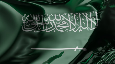 Flag of Saudi Arabia Waving in the wind, ksa  National flag wave, fabric texture, Kingdom of Saudi Arabia, close-up, 3d renderの写真素材
