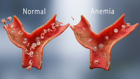 Anemia amount of blood cell or hemoglobin and normal. Aplastic anemia, normal and abnormal blood cell and platelets count, circulation in an artery or vein, Anaemia Disease, Ironの写真素材