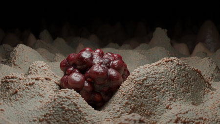 Cancer cell growth uncontrollably over tissue, Tumor infection cells and spreading, Invasive inflammation metastasis cancerous. reproduce by duplicating, cells expanding, Melanomaの写真素材