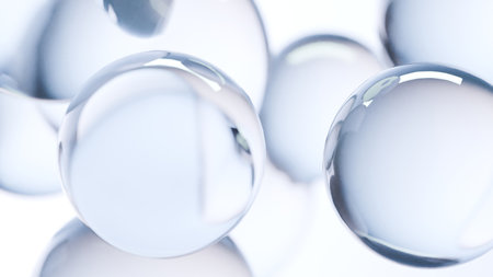 essential Oil Bubbles for cosmetics in water. blue liquid bubbles, fluid flow. Collagen, atoms floating, Moisturizing Cream, Skin Serum, Vitamin, beauty concept, 3d renderの写真素材