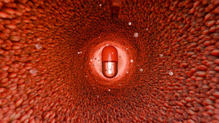 Red capsule inside a tunnel of blood cells. 3D illustration.の写真素材