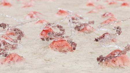 Frozen strawberries in water, close-up. Selective focus.の写真素材