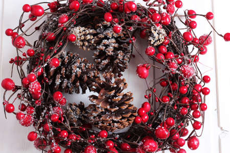 Christmas ribbon on a white wooden backgroundの写真素材